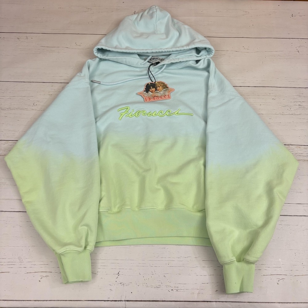 Fiorucci Hoodie Mens M Green Blue Ombre Angel Graphic Fleece Pullover Sweatshirt